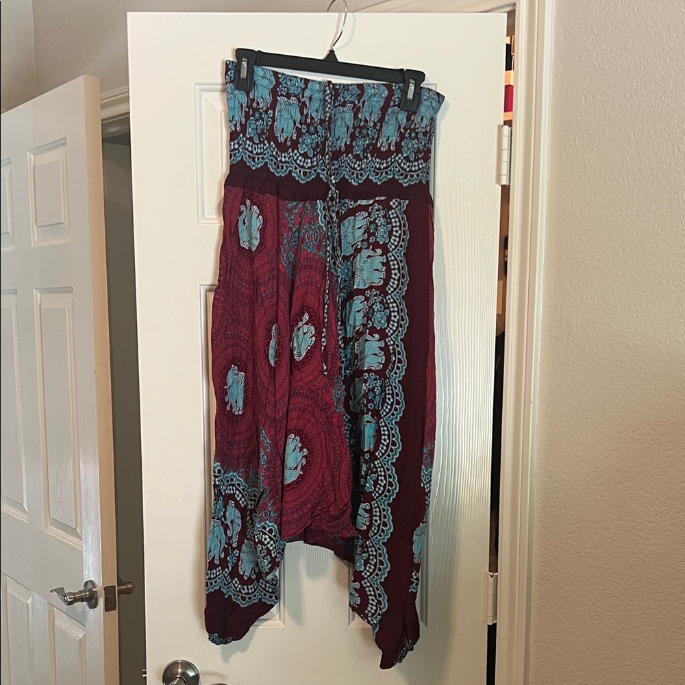 Elegant Blue and Burgundy Romper Style Pants